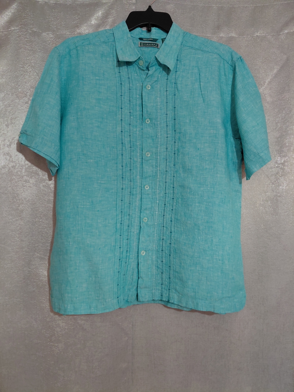Cubavera Men's 100% Linen Guayabera Shirt XL Turquoise Blue Short Sleeve Button